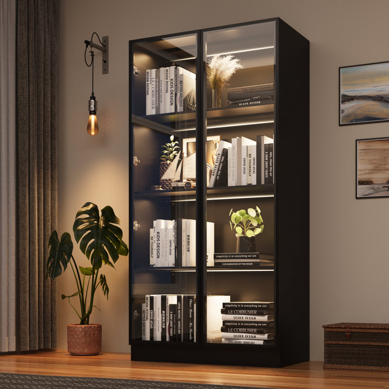 Display Storage Cabinet display Cabinet With Tempered Glass Doors Showcase With 4 tier Storage Shelves Pantry Glass Cabinet For Living Room dinning